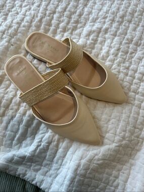 Pointed Beige Slip-On Mules with Woven Strap